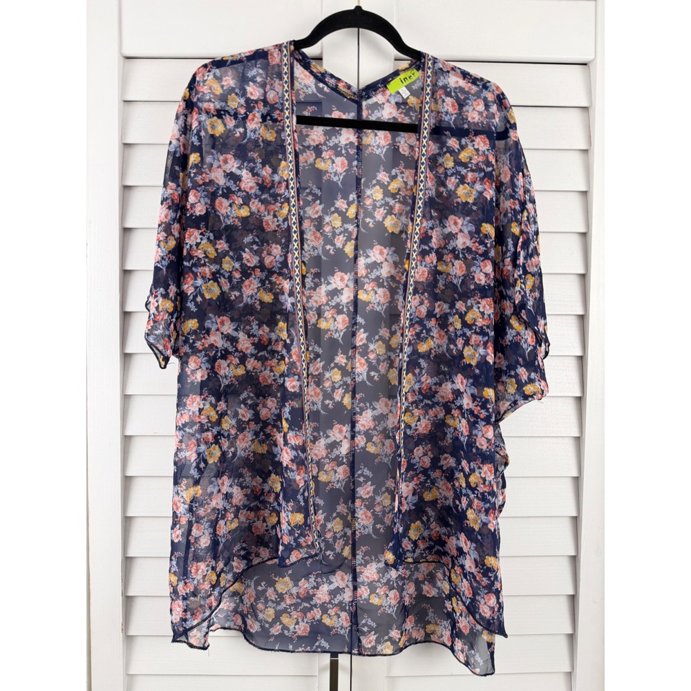 Iner Kimono Cardigan Women L Blue Floral Sheer Open Front Embroidered Trim‎